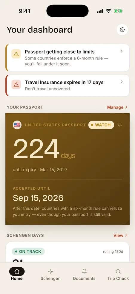 Resoo dashboard showing 224 days left on a US passport and the date it stops being accepted