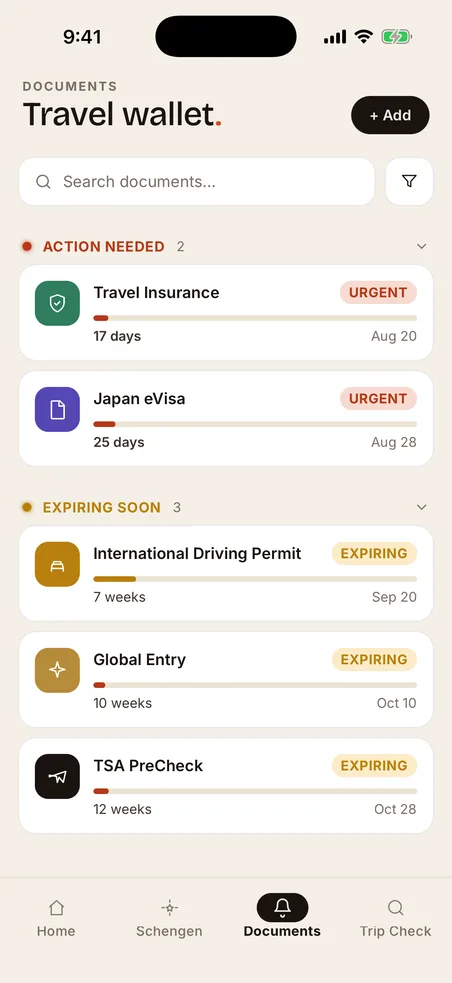 Travel wallet listing documents by how soon they expire