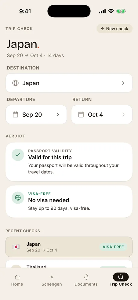 Trip check verdict for Japan: passport valid for this trip, no visa needed